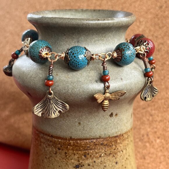 Boho Bracelet, Ceramic Beads, Nature Charms, Handmade Whimsical Jewelry - Picture 4 of 10